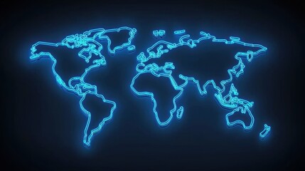 Minimalist world map outline in neon blue, modern and sleek design