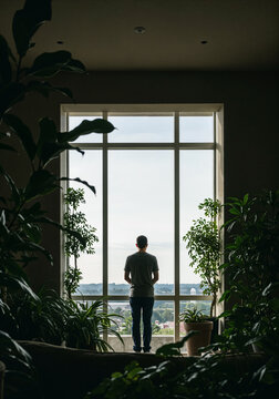 Man Standing in Front of Large Window Surrounded by Plants