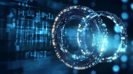 A blue circuit board with cutting-edge tech, surrounded by a futuristic circle HUD and data transfer, set against an abstract background