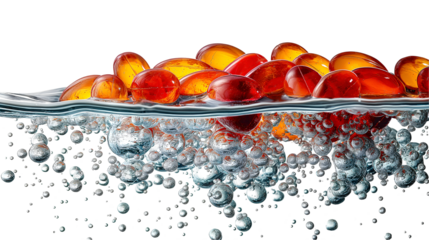 Red Orange Capsules Floating in Water, Shiny Bubbles for Health and Design Themes, isolated on transparent background.