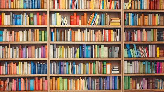 Colorful bookshelves filled with neatly arranged books, captured from a straight-on angle, ideal for a library-themed video backdrop.