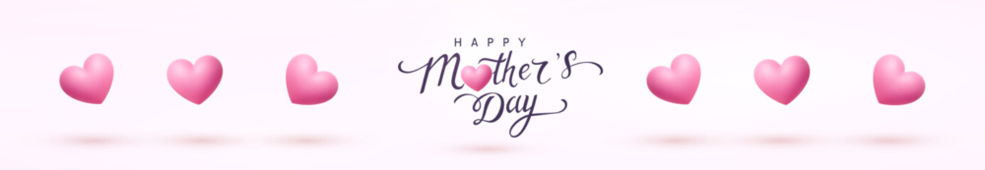 Mother's Day postcard with 3d flying hearts on pink background. Romantic poster, header template for ads promo, sales. Vector symbols of love for greeting card design