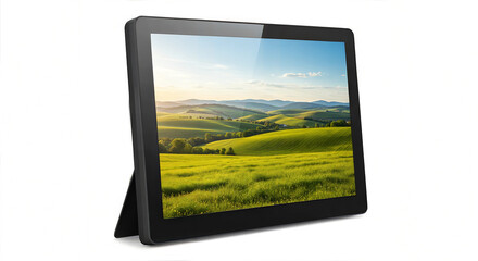 A digital display with a modern frame, showcasing a serene landscape with rolling hills, fields, and mountain ranges.