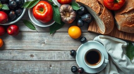 Rustic Breakfast Table with Fruit Bread and Coffee