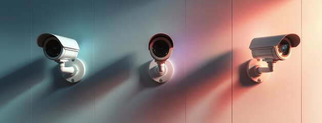 A standard collection of security cameras in a white glossy finish and hologram accents, presented as a wide banner with a copyspace section, available as stock