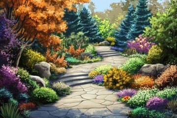 Obraz premium Garden Layout Blueprint: Illustrated Design and Plant Placement for Landscape Construction