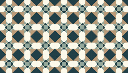 Repetitive geometric pattern with square and diamond shaped elements. The combination of dark green, cream and brown, creates a classic and harmonious look