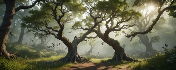 Tree with swirling branches, surrounded by birds in a lush forest,  flowers,  foliage