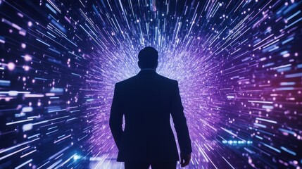 Futuristic Businessman Analyzing Data Trends on a Smart Digital Screen in a High-Tech Cyberspace Environment