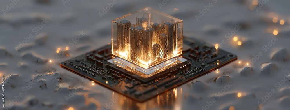 Poster close-up of a sophisticated microchip or cpu from a high-performance computer board, featuring intri