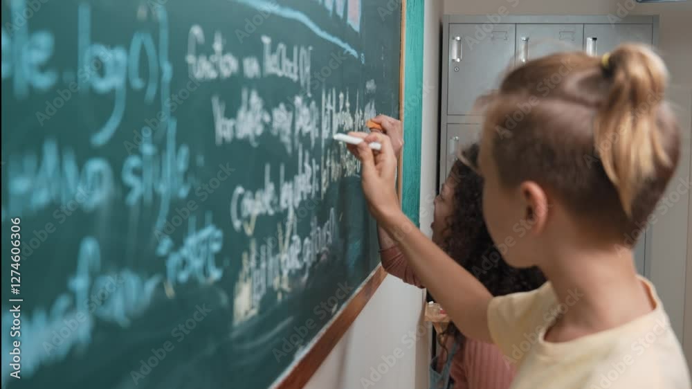 Poster diverse student studying coding engineering prompt while writing answer on blackboard. intelligence 