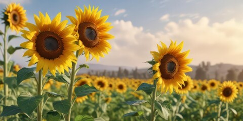 Fototapeta premium Vibrant watercolor sunflowers standing tall in a field, sunflowers, flowers