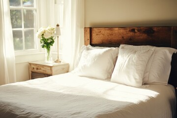Rustic chic bedroom with reclaimed wood bed frame, light beige walls, and simple white bedding