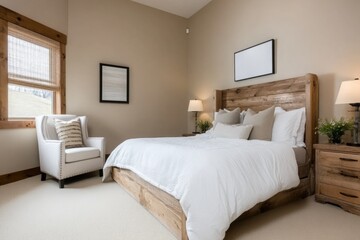 Rustic chic bedroom with reclaimed wood bed frame, light beige walls, and simple white bedding