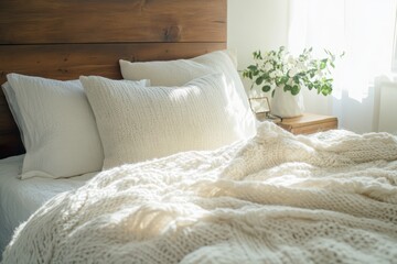 Serene bedroom with handmade knitted throw, wooden headboard, and neutral-toned pillows