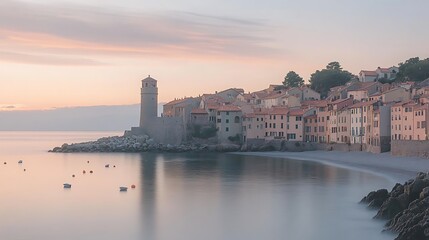 Fototapeta premium Coastal Town at Sunrise with a Tower