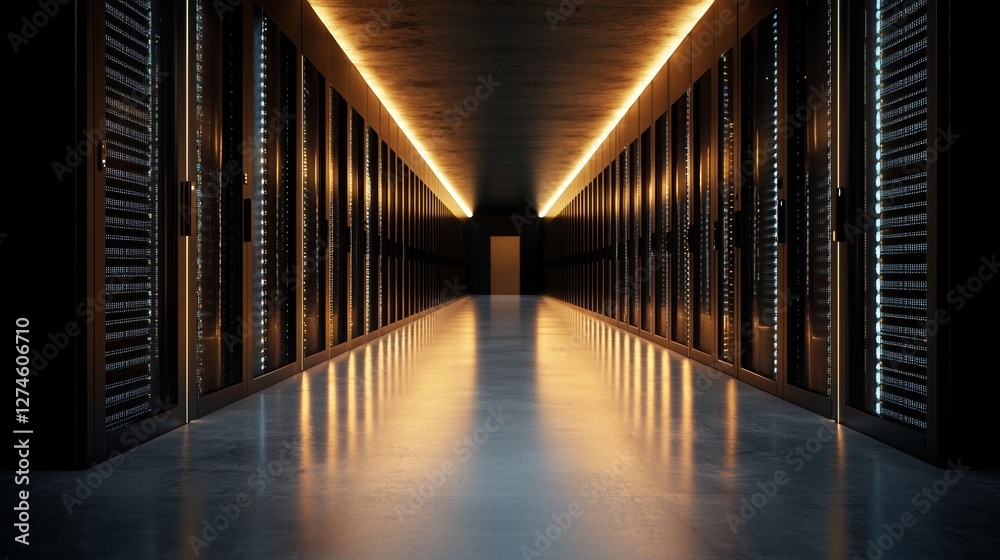 Poster a working data center is visualized with a shot of a corridor filled with rack servers and supercomp