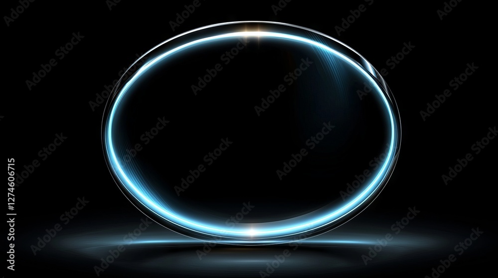 Poster digital particle ring with blue hue rotates in a circular motion, incorporating ai technology and ic