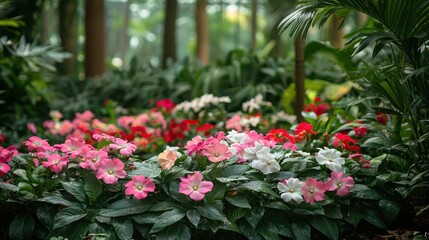Vibrant Pink White Red Flowers Bloom In Lush Green Garden