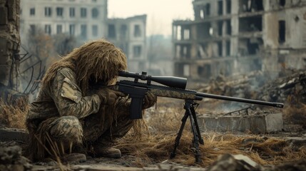 Fototapeta premium Sniper in Ruins: A Military Photography