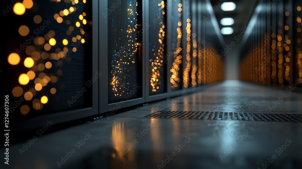 Poster a data center corridor is shown, filled with rows of rack servers and supercomputers, accompanied by