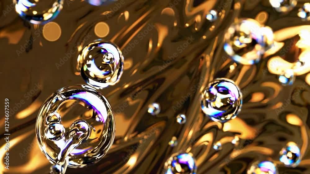 Poster golden liquid surface with floating bubbles reflecting light and color, creating a mesmerizing and a