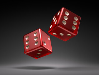 Two red rolling gambling dice on dark background - 3D illustration