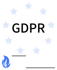 Obraz premium GDPR text surrounded by eight blue stars, flame icon, and simple lines for a clean layout. Ideal for data protection, privacy policies, compliance, regulation, cybersecurity, legal frameworks