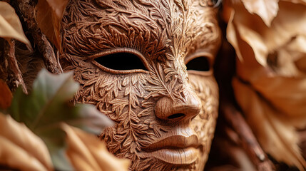 Intricate carved perchten mask with autumn leaves for cultural decoration and festival display
