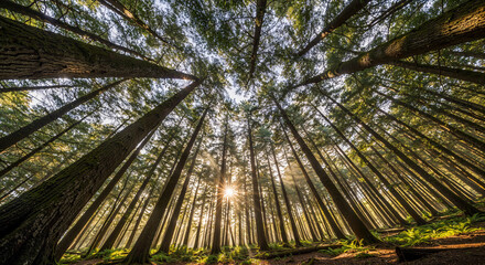 Sunlight Through Tall Trees in a Forest