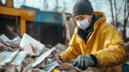 Recycling Worker Sorting Through Waste in a Recycling Facility