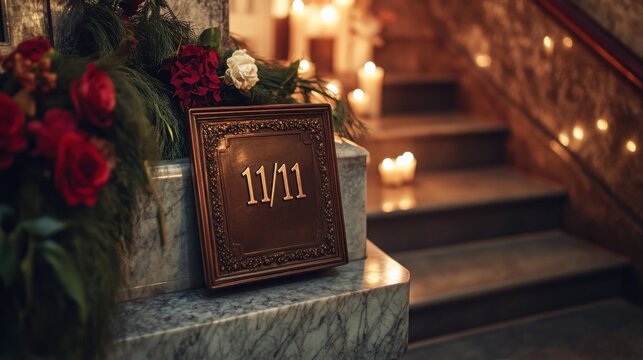 Close view of a bronze plaque marked 1111 located beside a marble staircase. Nearby candles and wreaths create a serene atmosphere inviting reflection and reverence for those remembered