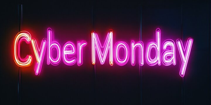 Brightly illuminated neon words spell out Cyber Monday against a deep black backdrop. The vivid colors emphasize the shopping event creating an attractive visual for promotions and advertisements