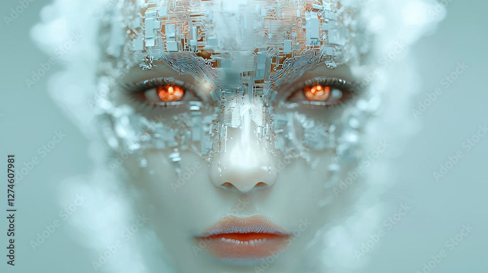 Poster a cyborg with ai is engaged, examining a virtual hud interface within a modern tech framework, incor
