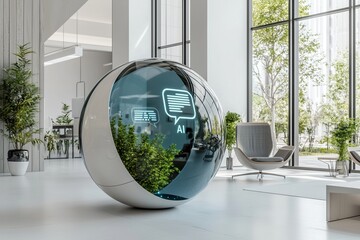 In a 3D rendering, a blurry office interior background serves as the setting for a creative glowing robot and globe ai hologram, representing concepts of machine learning, stock, and innovation