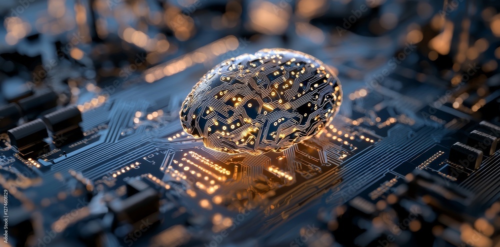 Poster the concept of the future, ai, data, and chips is represented by an abstract brain and binary code c