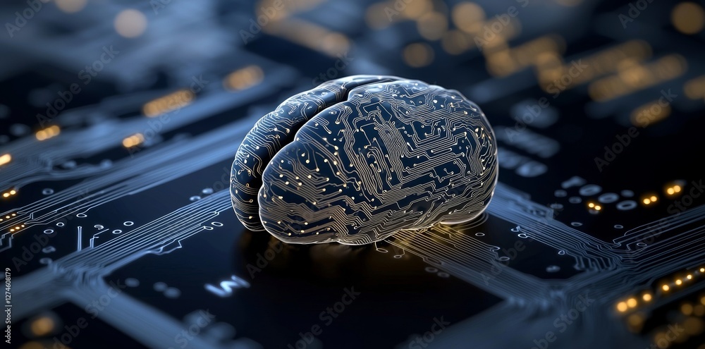 Poster a blue wallpaper features an abstract brain alongside a binary code circuit, symbolizing chips, data