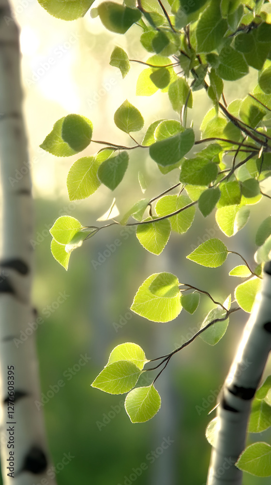 Aufkleber Sunlight filtering through verdant birch leaves, casting luminous patterns across lush springtime woodland landscape