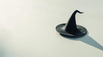 Fototapeta premium A simple black witch hat sits on a flat surface casting a small shadow against a plain background. The ample copy space above allows for text or designs perfect for Halloween themes