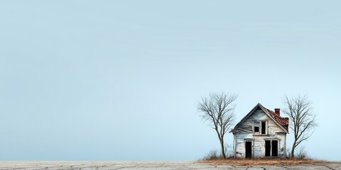 A small old house is positioned alone on a flat plain. Nearby dead trees reach skyward emphasizing the eerie atmosphere created by the barren landscape and the empty sky