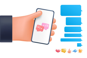 Phone in the user hand, speech bubbles for chat. Message bubbles template for creating dialogues. Text template bubbles. Mockup Web messenger interface.