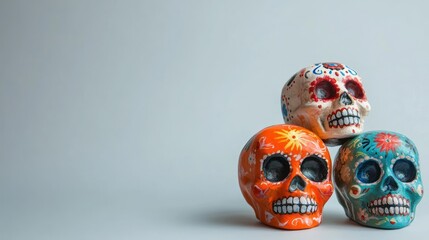 Hand-painted sugar skulls showcase intricate designs in a minimalistic style