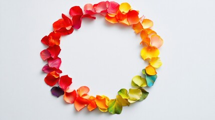 Obraz premium A minimalistic circular Rangoli design crafted from vibrant flower petals sits on a plain white background offering a beautiful canvas with ample copy space for creative text placement