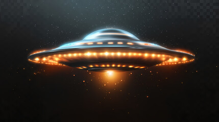 Obraz premium A realistic illustration of a flying saucer ufo with glowing lights, isolated on a transparent background. Celestial Light Wings. Illustration
