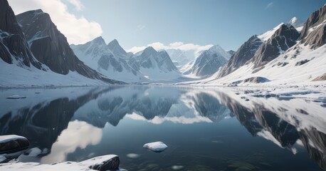 Polar landscape with snow-covered mountains and icy lake ,  polar,  mountain