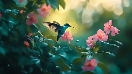 Vibrant pink flowers attracting tiny hummingbird wallpapers