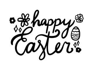 Lettering black silhouette happy easter with flowers, eggs. Hand drawn decorative text for different projects, easter vector illustration
