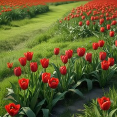 Fototapeta premium Red tulips and lilies in a field of green grass, tulips, lilies