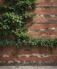 Red brick wall with distressed texture and ivy,  brick,  architectural