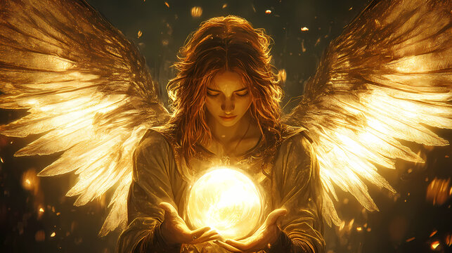 A serene illustration of archangel uriel holding glowing orb, radiating warmth and light. Celestial Light Wings. Illustration